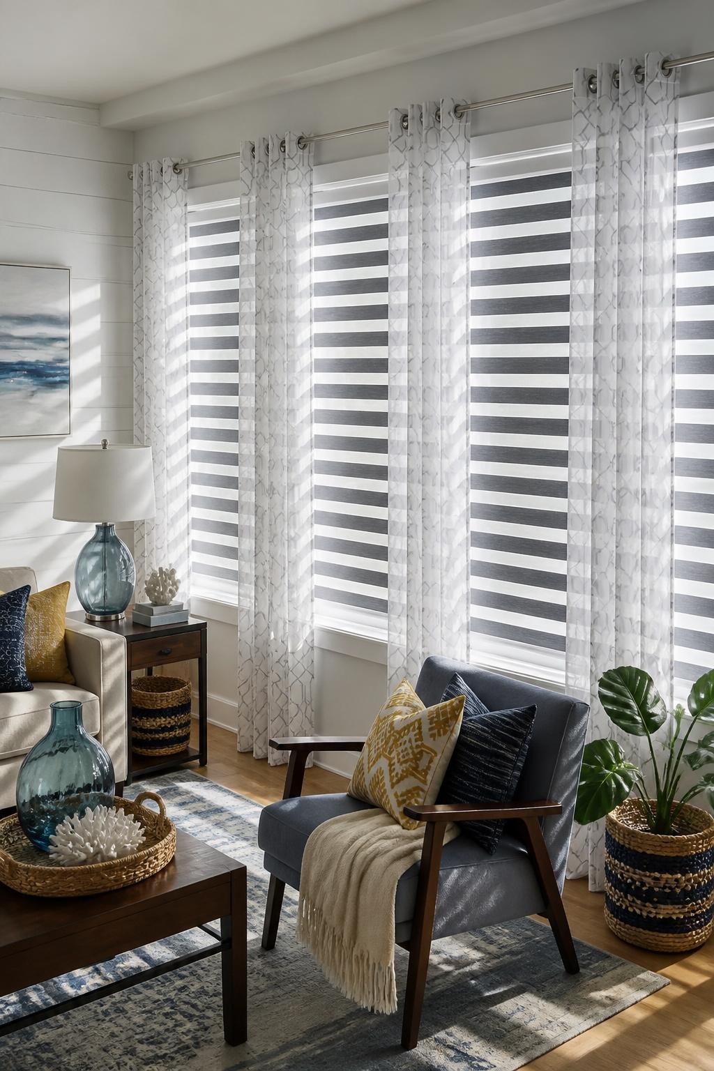A transitional living room in coastal blues and soft grays highlights tall, geometric sheer curtains layered over bold zebra stripes-inspire.
