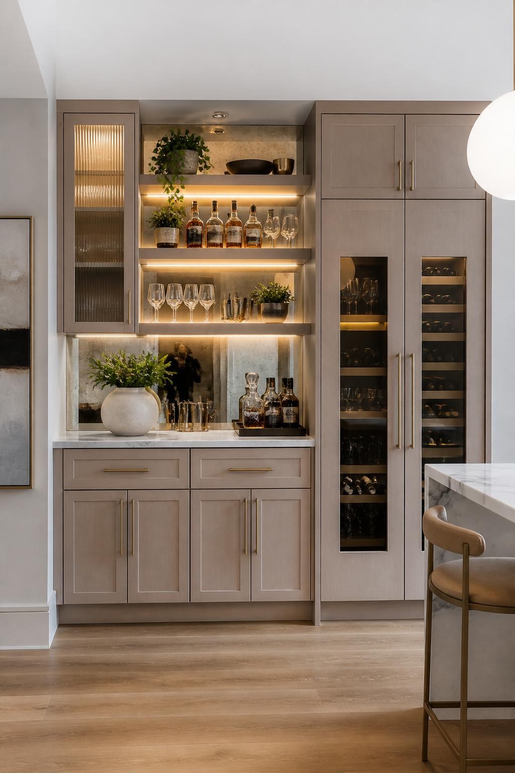 Transitional yet modern, this wet bar features a mirrored backsplash, sand-toned cabinetry, and a suite of open floating shelves.