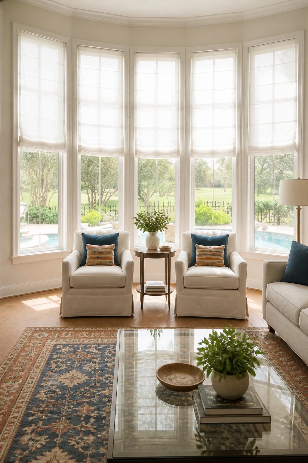 An airy sunroom living space with tall bay windows dressed in sheer, white roman shades, letting in masses of soft daylight while providing.