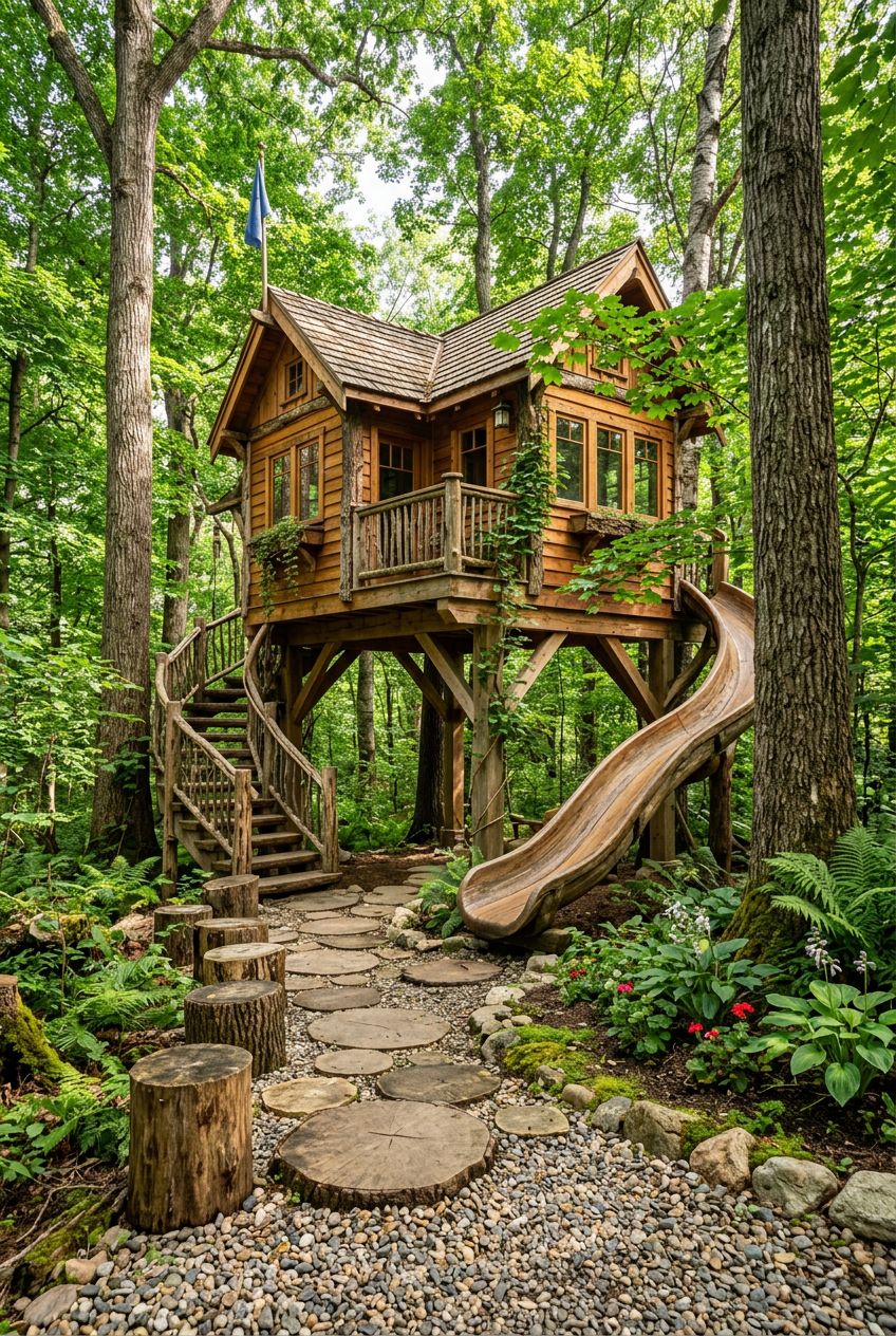 Depict a whimsical treehouse hideaway with a wooden slide, nestled among tall leafy trees and set above ground on sturdy timber supports.