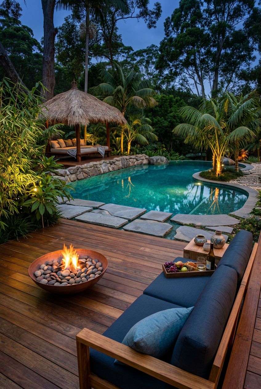 Create a lush, tropical-inspired backyard featuring a rich wooden pool deck opening out to a turquoise swimming pool.