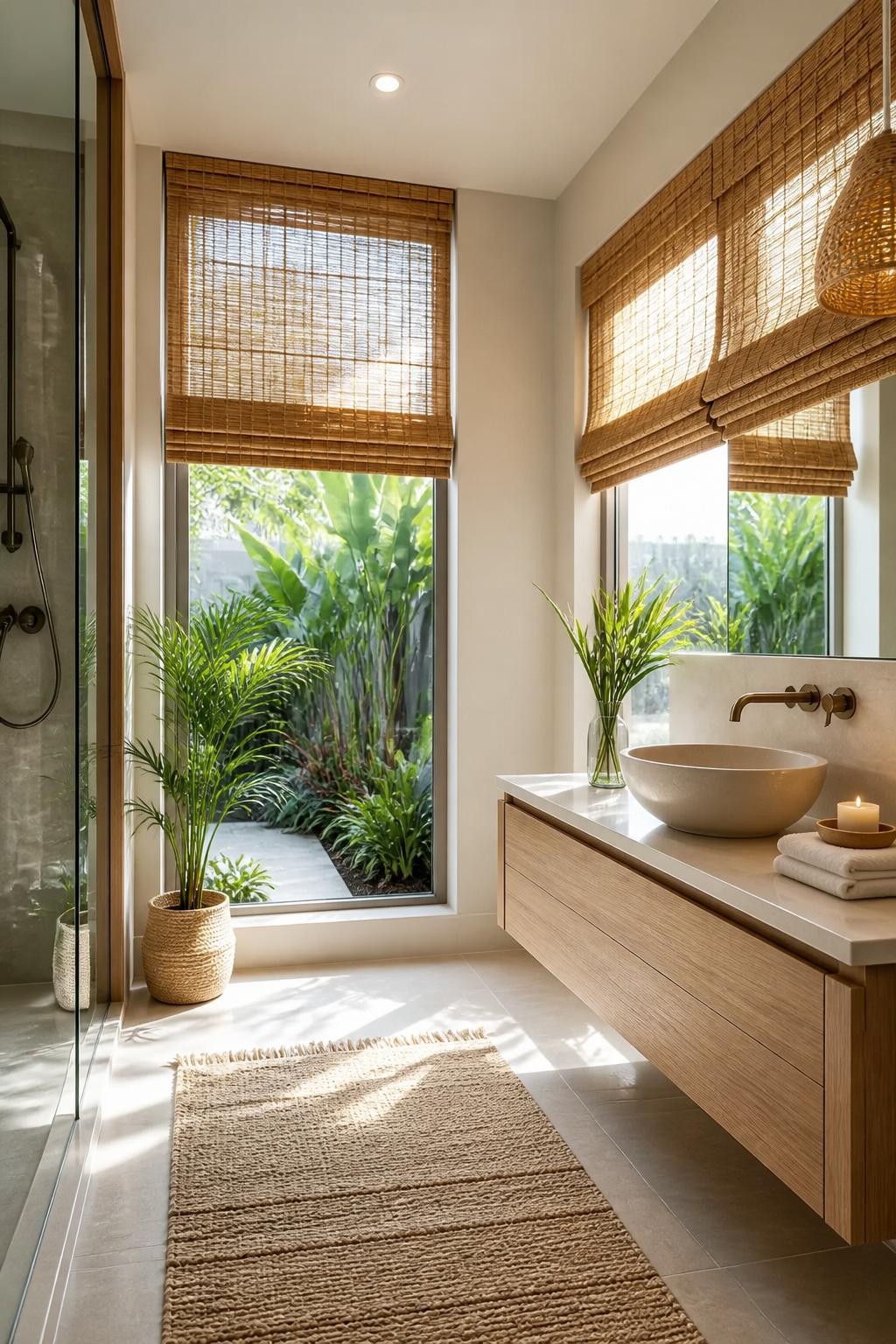 An airy bathroom imbued with tropical inspiration, where the main focal point is a wall of large windows covered in light-filtering woven ba.
