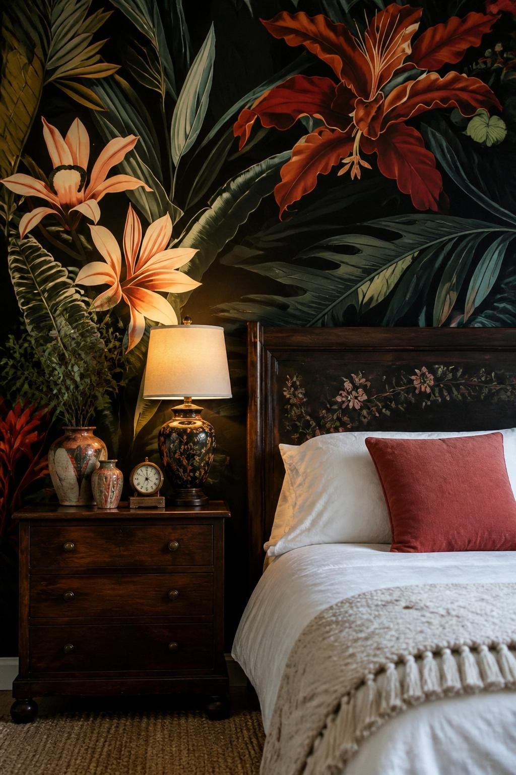 This boldly styled bedroom features a striking tropical noir floral wallpaper with oversized red and peach tropical flowers, rich green foli.