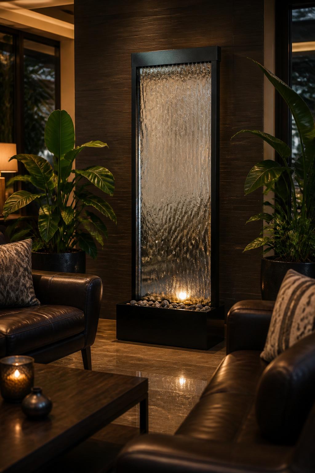 Use the uploaded Alpine Corporation Mirror Waterfall Fountain exactly as the reference product, retaining its tall, frameless mirrored face.