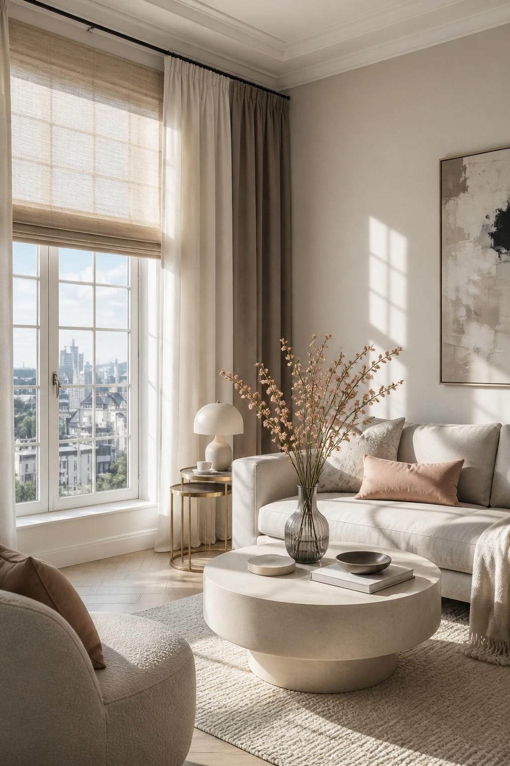 An urban apartment living room with oversized windows combines natural woven Roman blinds in a warm oatmeal tone, layered beneath tall plati.