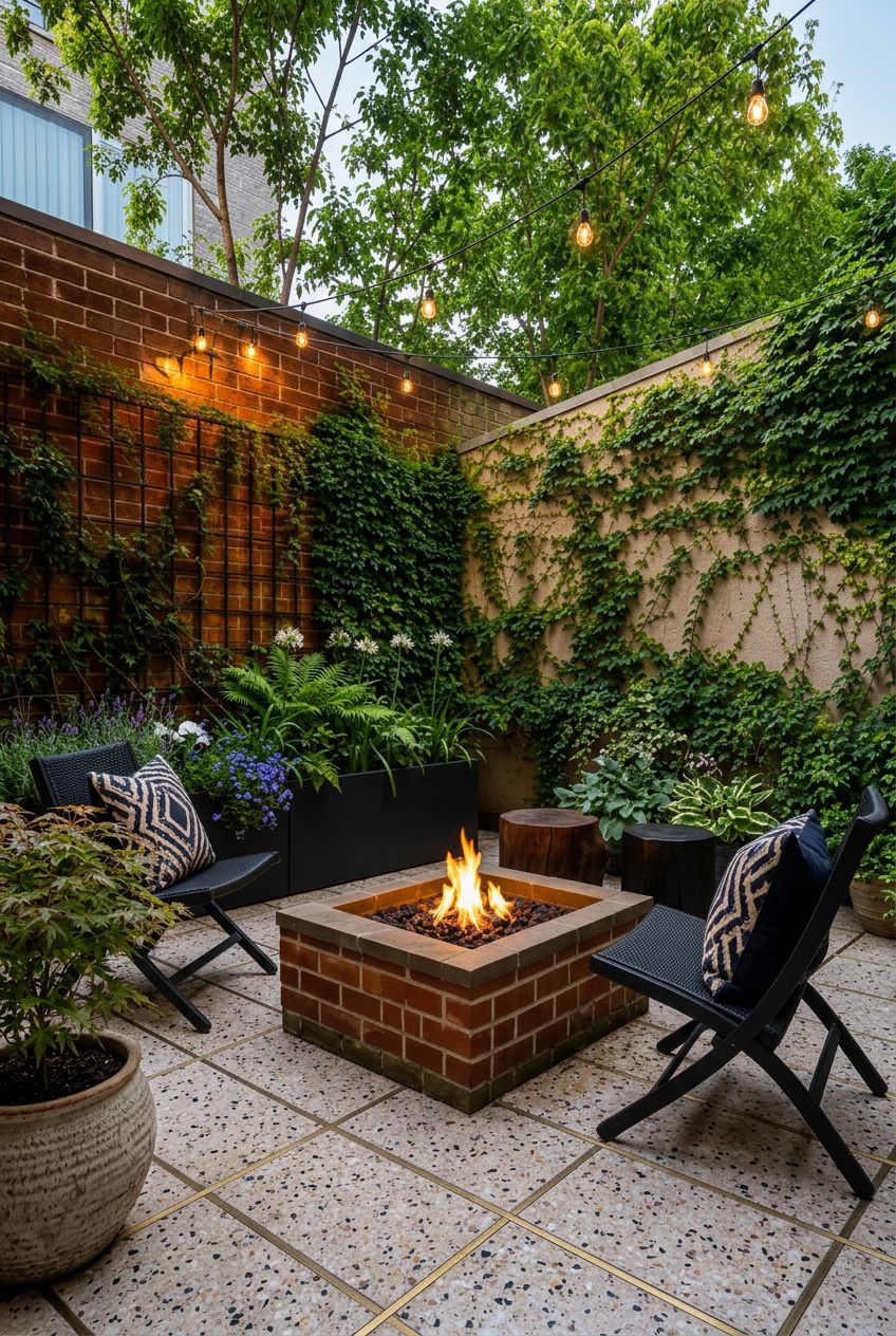 Focus on a chic urban courtyard where a compact square brick fire pit anchors a cozy seating area.