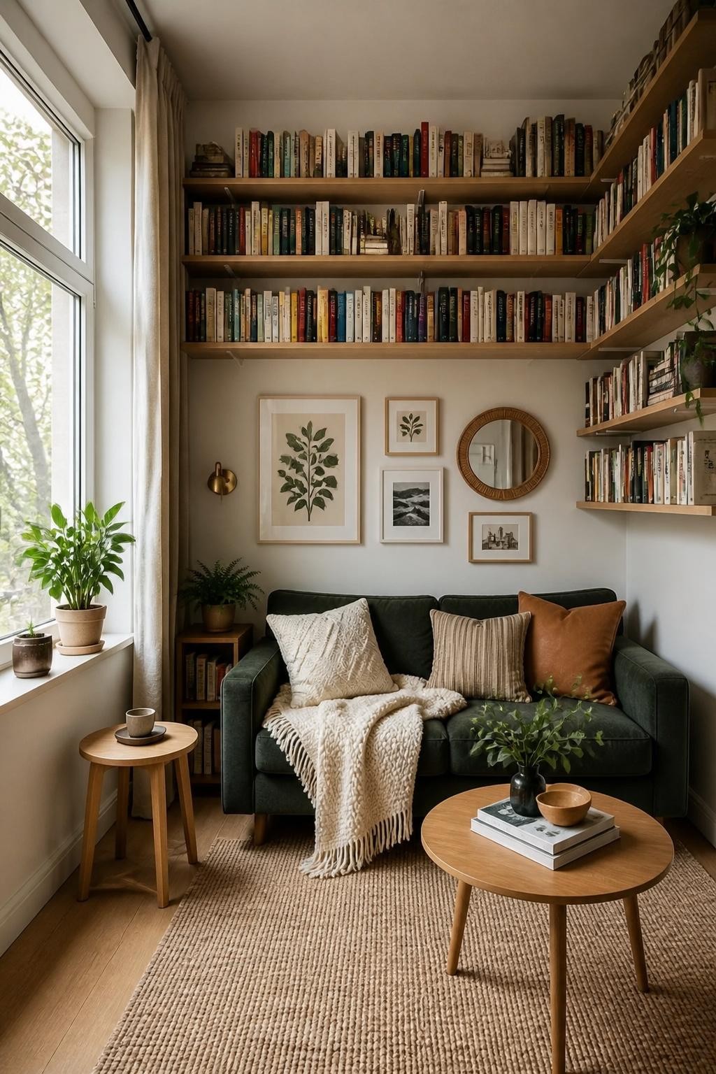 A small urban living room maximizes space with floor-to-ceiling corner floating bookshelves in light wood, packed with a colorful array of b.