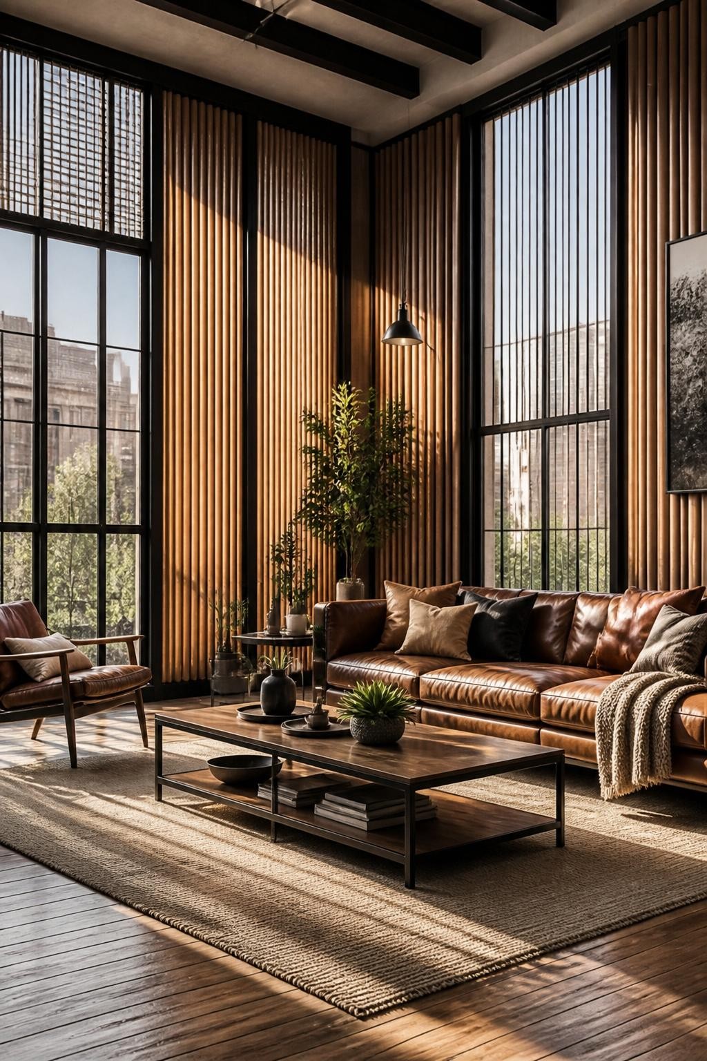 An urban loft-style living room showcasing grand industrial windows adorned with sophisticated bronze vertical blinds.