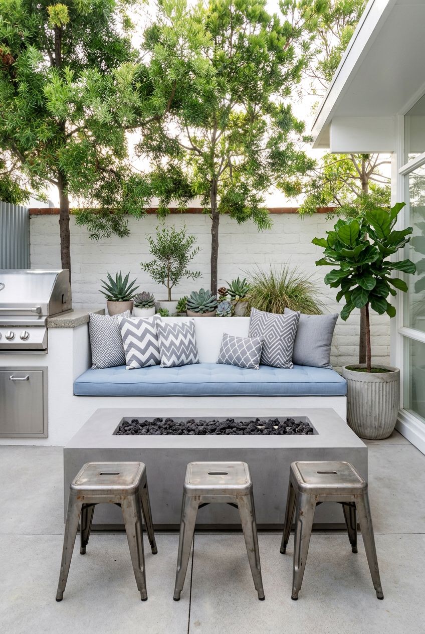 A compact contemporary patio combines functionality and comfort with a built-in bench upholstered in soft powder-blue fabric, contrasted by.