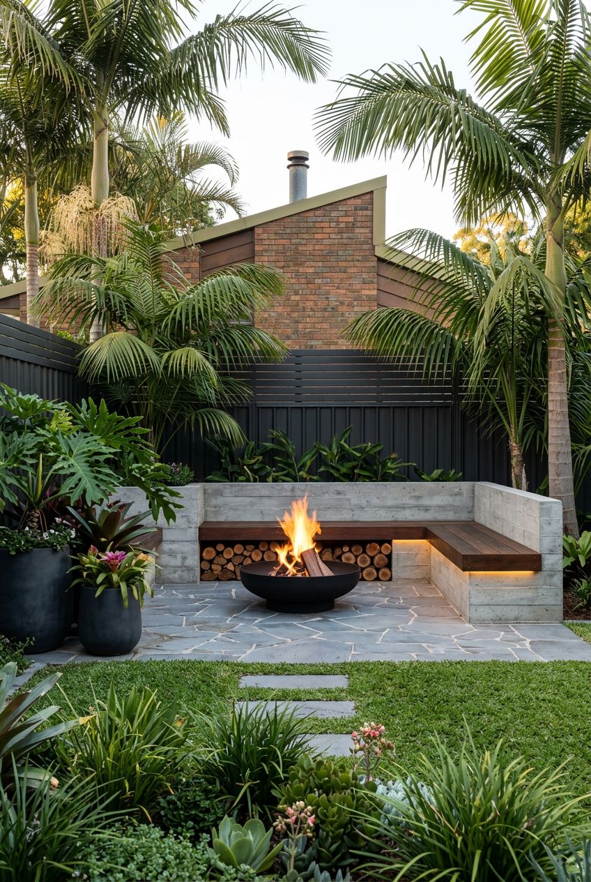 Illustrate a lush, suburban backyard corner where a matte black steel fire bowl sits atop a stone patio, backed by a dark horizontal fence a.