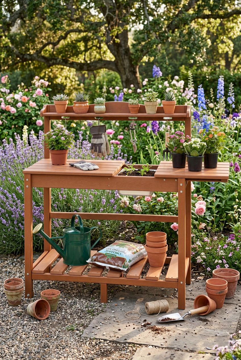 Use the uploaded HDPE outdoor potting bench with sliding tabletop exactly as the reference product, preserving its reddish-brown hue, dual w.