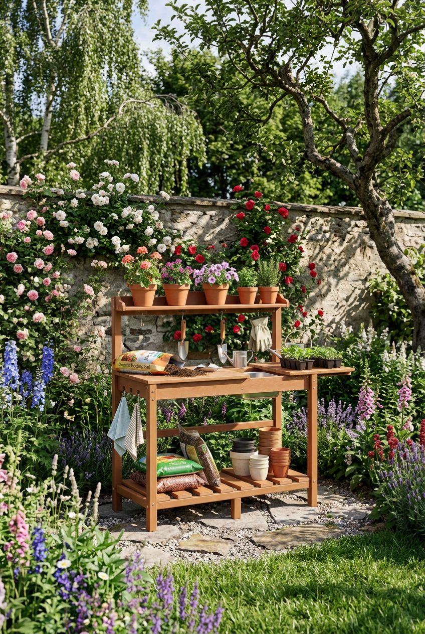Use the uploaded Outdoor Potting Bench with Sliding Tabletop & Removable Sink exactly as the reference product, including its sliding side e.