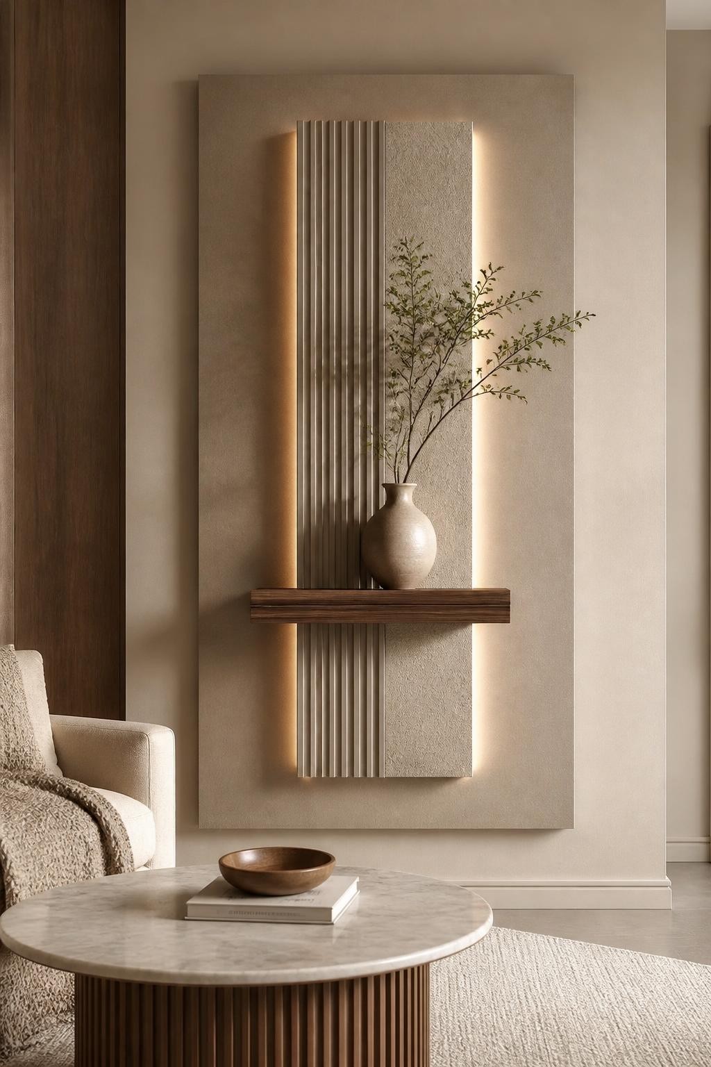 Showcase a contemporary vertical focal wall with a floating wooden shelf set against a textural composition of ribbed and smooth panels.