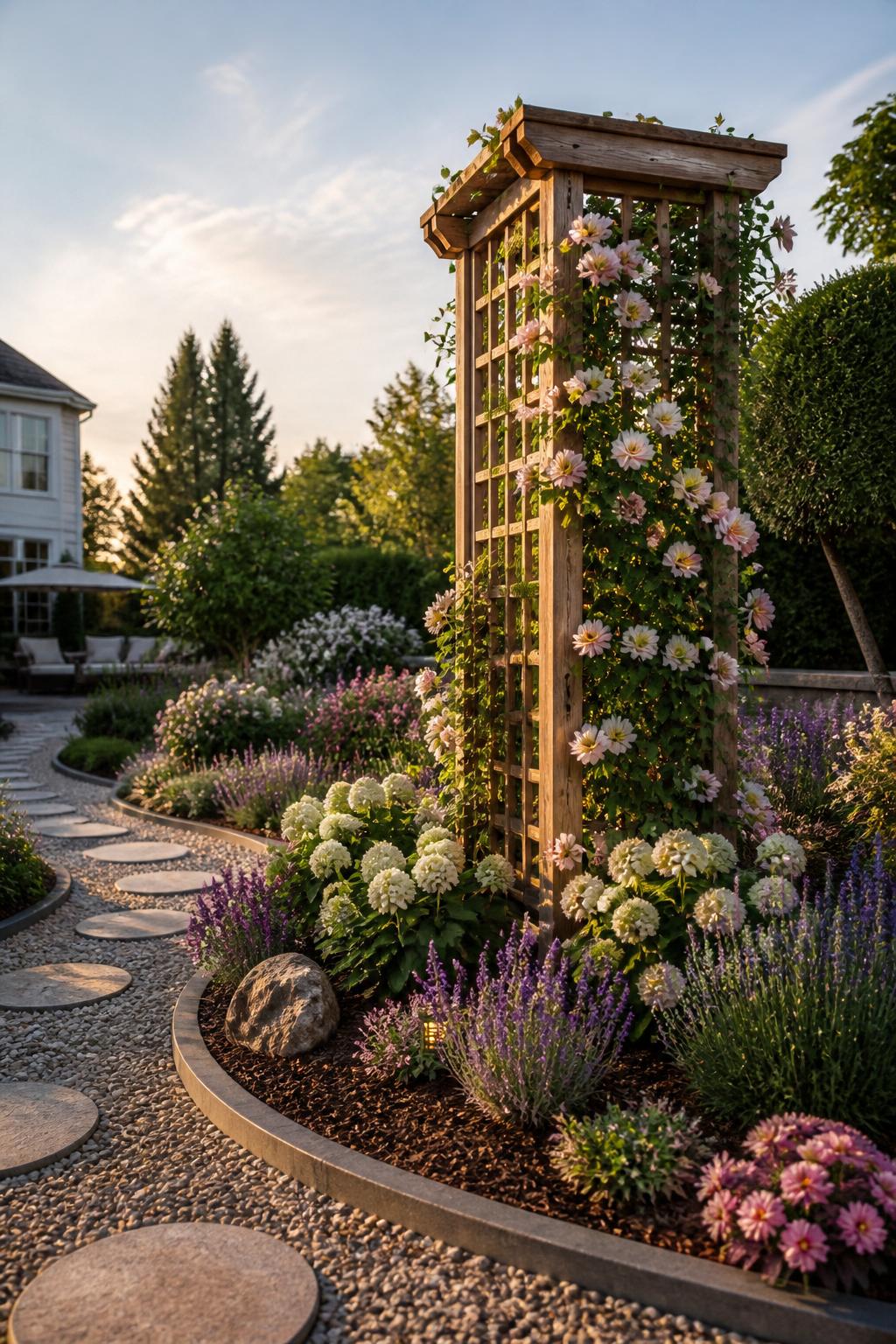Design a striking vertical trellis focal point positioned safely away from underground septic infrastructure.