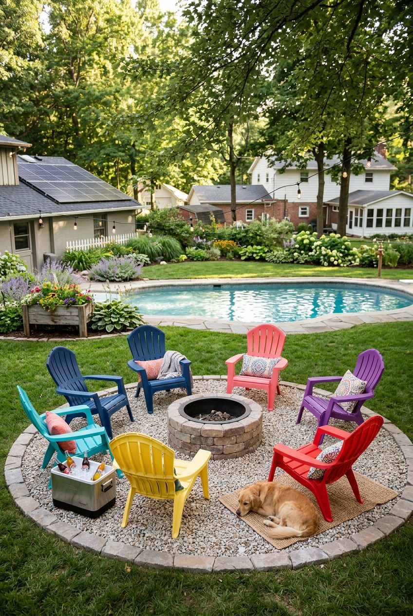 A playful and casual backyard fire pit area featuring a circle of bright, mismatched Adirondack chairs in candy hues of red, turquoise, yell.