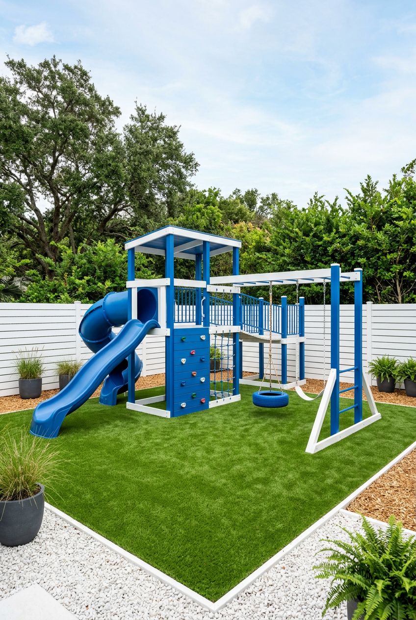 A stylish, modern play area showcases a striking blue-and-white modular playset built on artificial turf, enclosed by bright white privacy f.