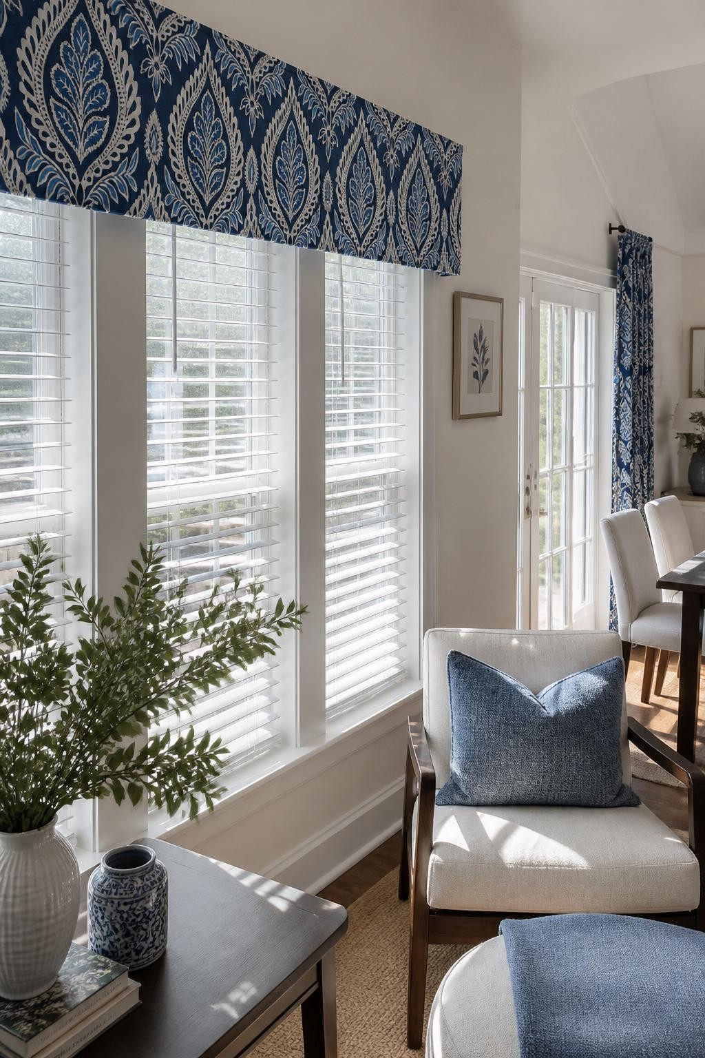 A sun-filled transitional space with a row of tall windows framed by vibrant blue and white damask-patterned valances over simple, bright wh.