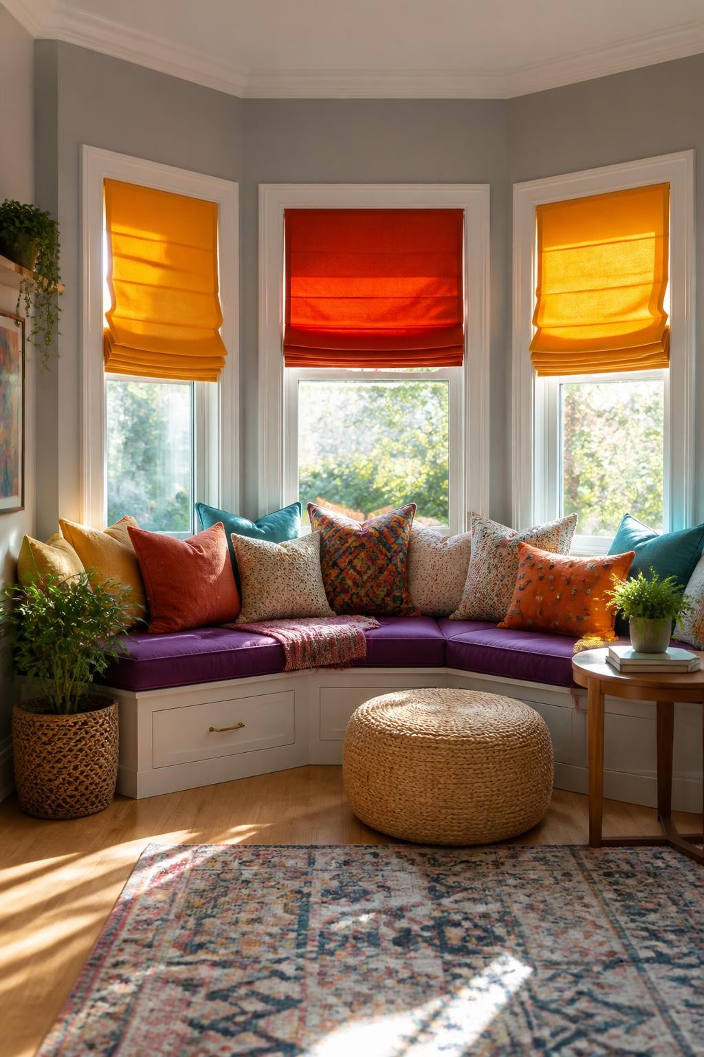 An inviting bay window nook in a sun-filled space with color-blocked roman shades in orange and red, paired with a plush bench seat upholste.