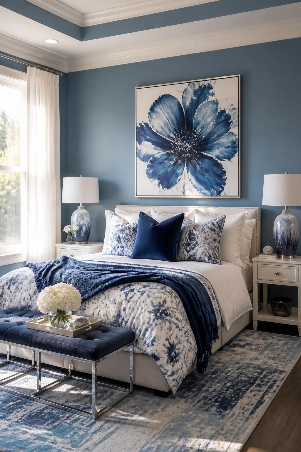 A vibrant contemporary bedroom with a bold, oversized blue floral painting above the bed, coordinating effortlessly with the statement blue.