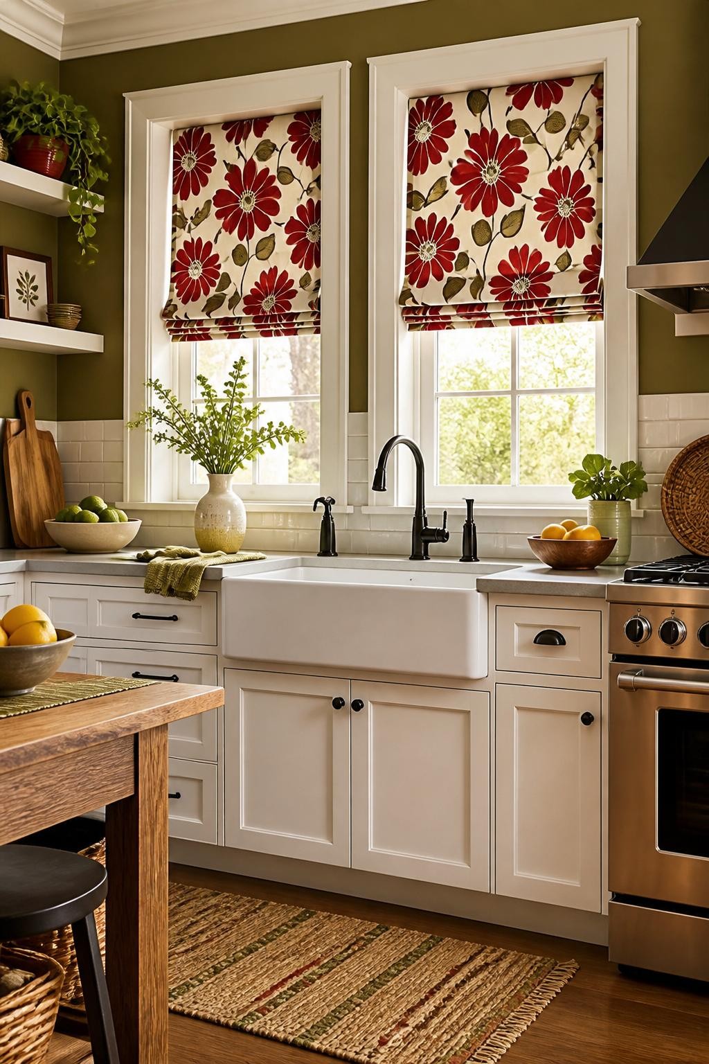 Fresh and energetic, this eclectic kitchen features two tall windows adorned with playful floral Roman blinds in bold red, olive, and cream.