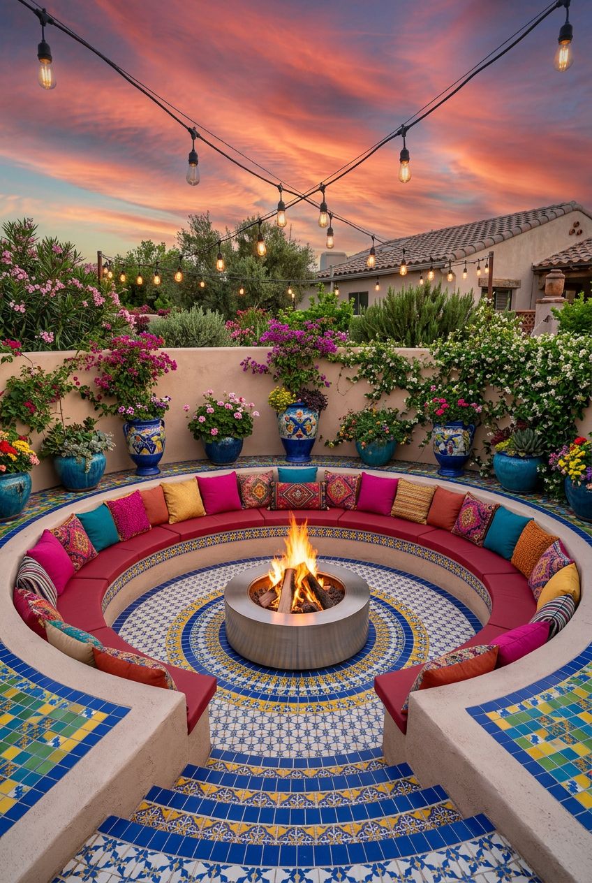 Illustrate a vibrant, Mediterranean-inspired sunken fire pit surrounded by built-in curved benches adorned with bold, multicolored cushions.