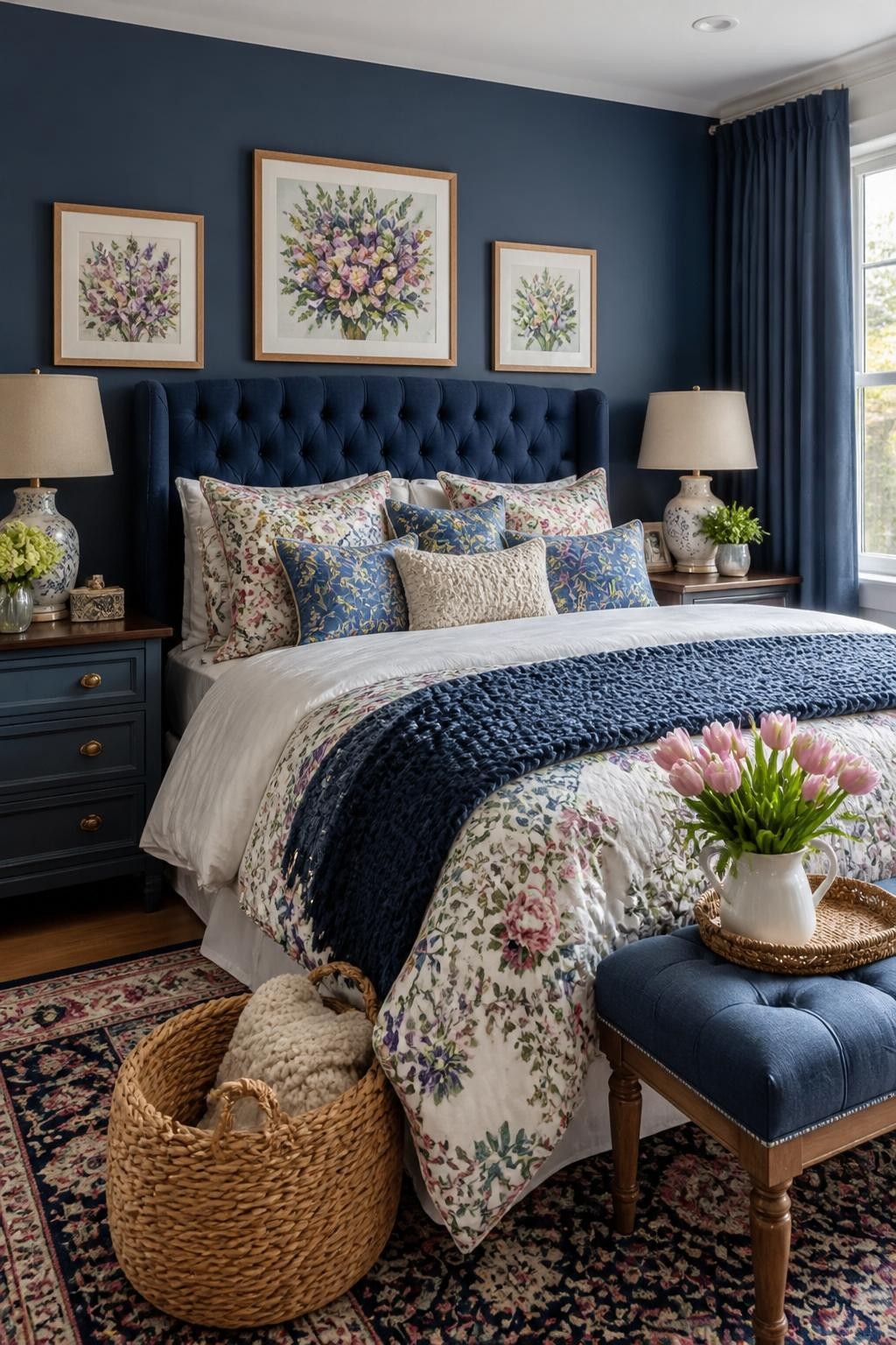 A vibrant navy floral bedroom featuring a dramatic tufted navy headboard, deep blue walls, and an artfully layered bed dressed with colorful.