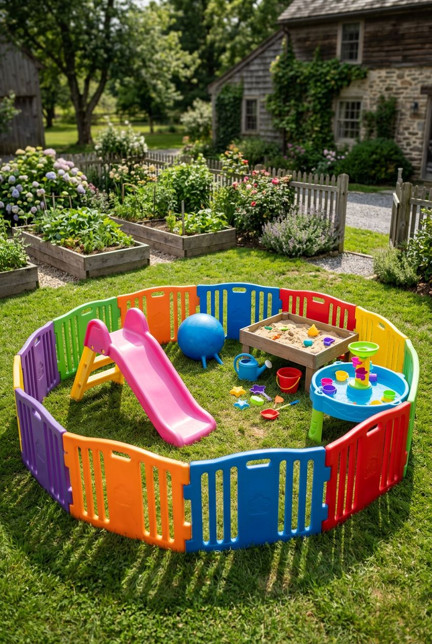 Depict a joyful, circular fenced play zone constructed with interlocking panels in a rainbow of colors, creating a fun and energetic enclosu.
