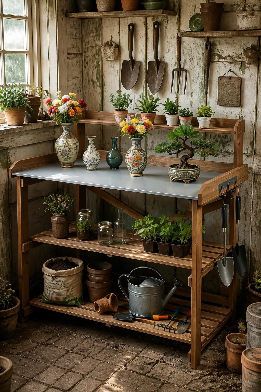 Use the uploaded Outdoor Potting Bench Table exactly as the reference product, preserving its natural wood structure, two-tier shelving, acc.