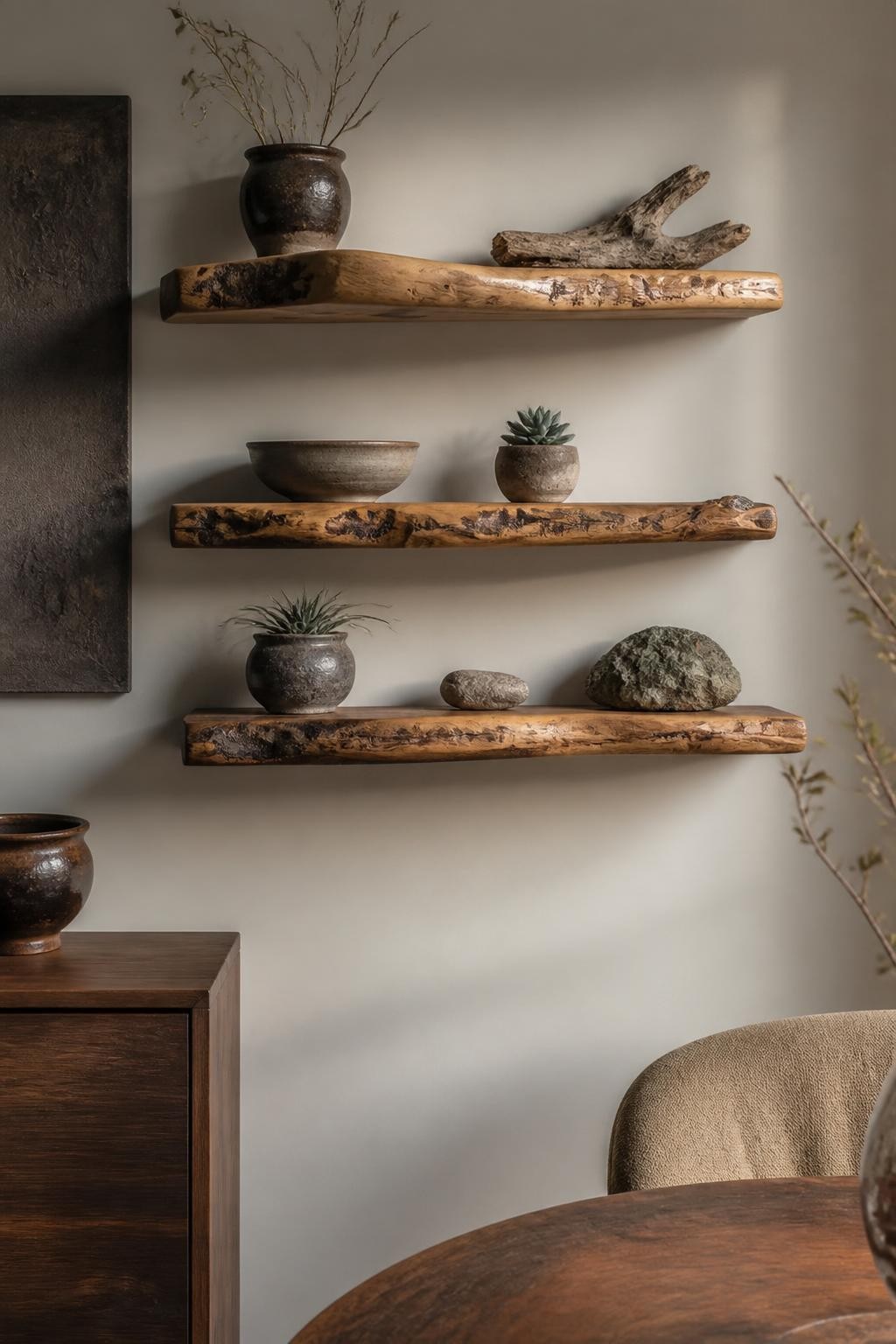 Inspired by wabi-sabi aesthetics, this wall display features walnut floating shelves with unrefined, live edges and varying organic shapes.
