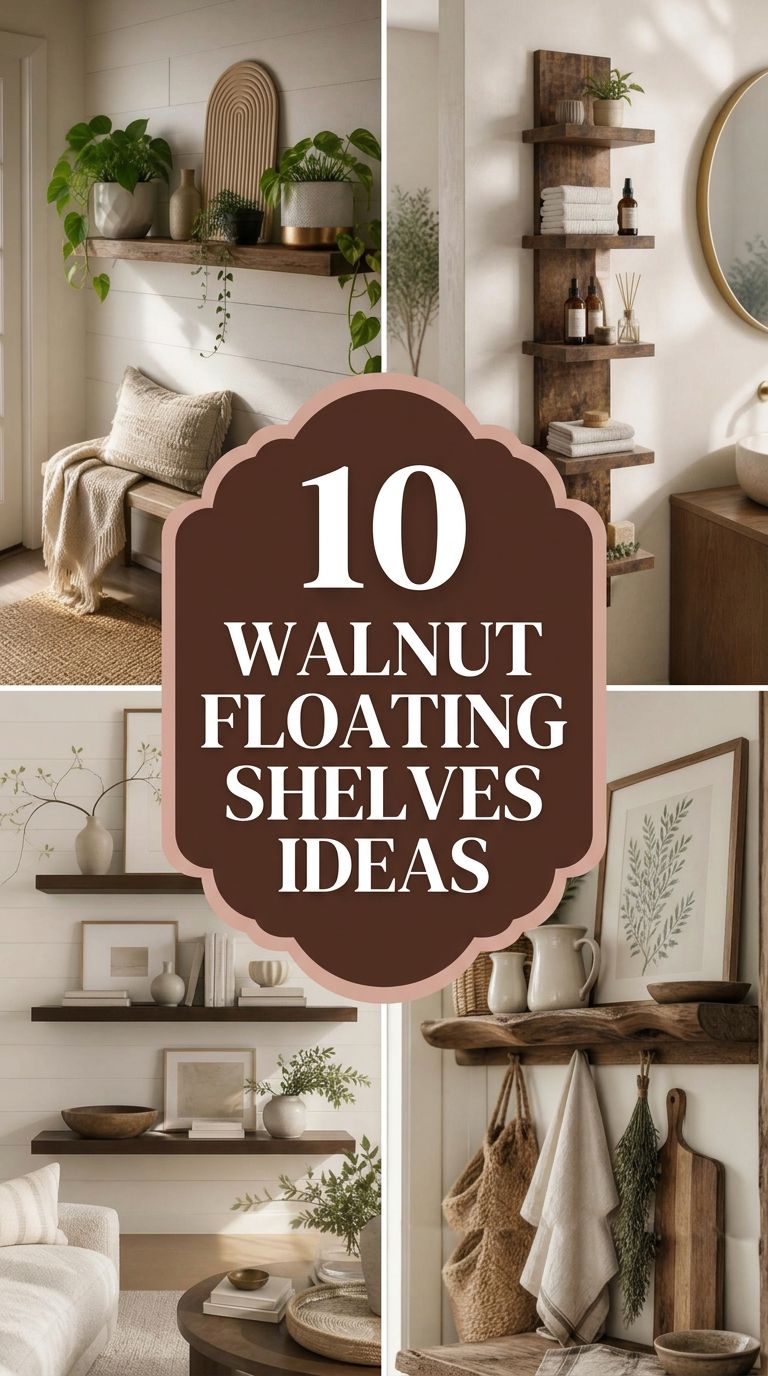 Pinterest banner for 10 Walnut Floating Shelves Ideas for Elegant Modern Decor