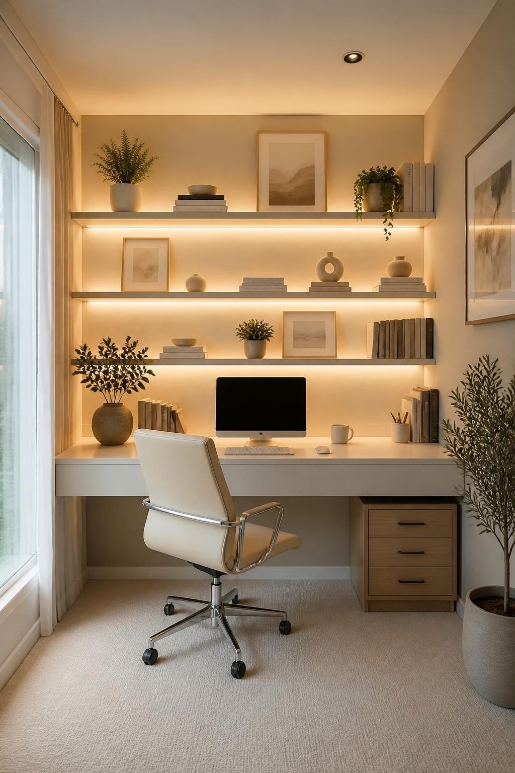 This serene and modern home office features a monochrome palette, with floating white shelves lining the wall, each illuminated by soft, con.