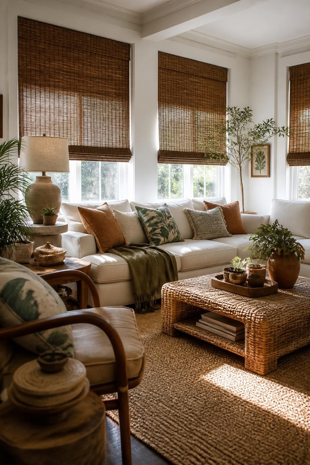 An inviting bohemian living room layered with organic textures and warm earth tones, showcasing wide windows with rich brown woven wooden bl.