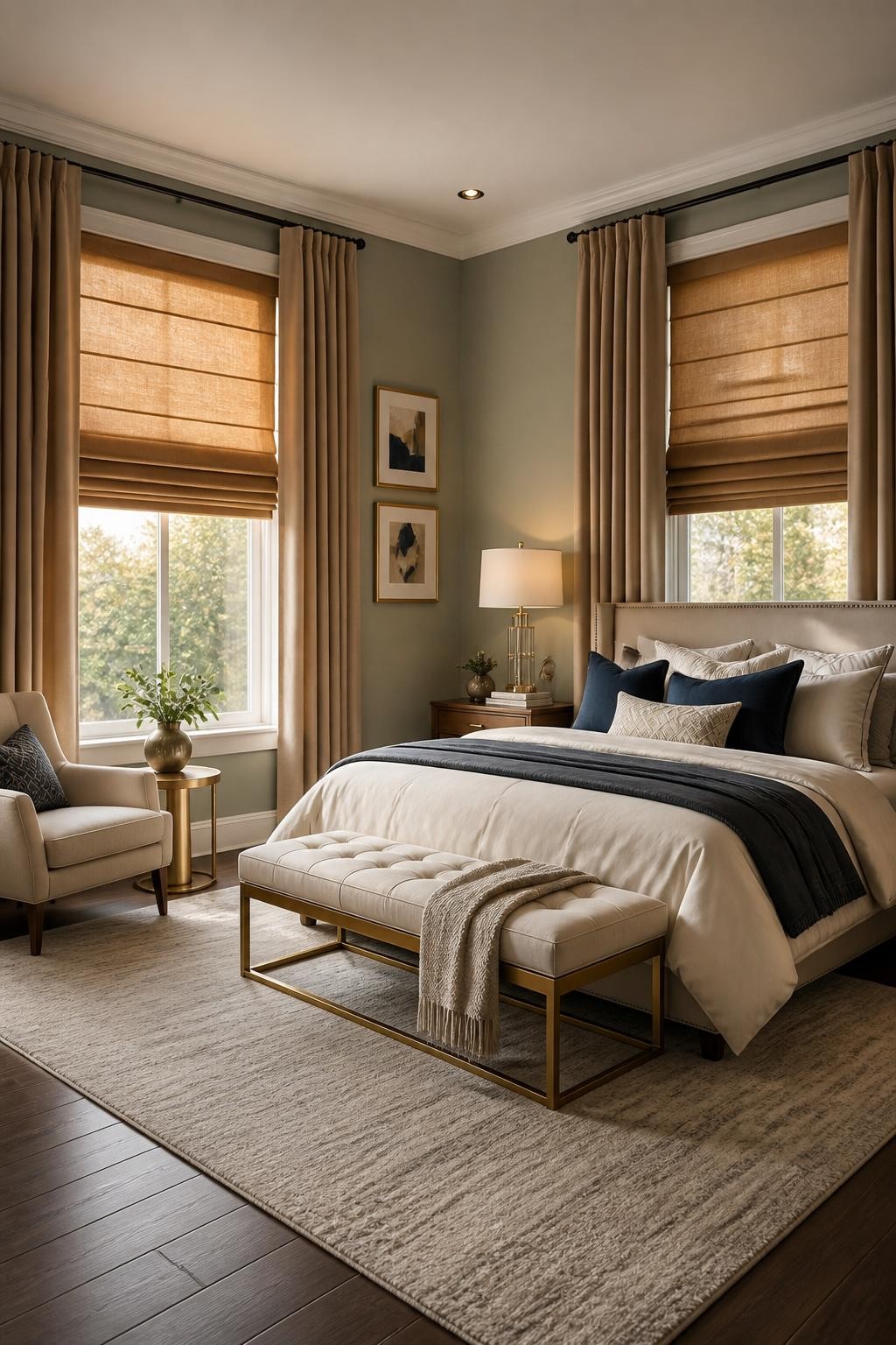 This elegant master bedroom pairs warm camel-colored Roman shades with matching heavy drapery, creating a sense of coordinated luxury.