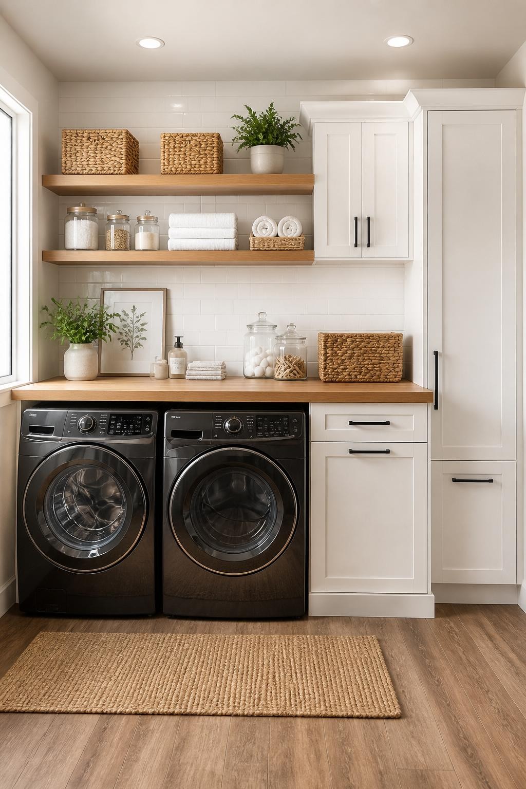 A contemporary laundry room blending white cabinetry, a wood countertop, and two wide floating wooden shelves mounted over a subway tile bac.
