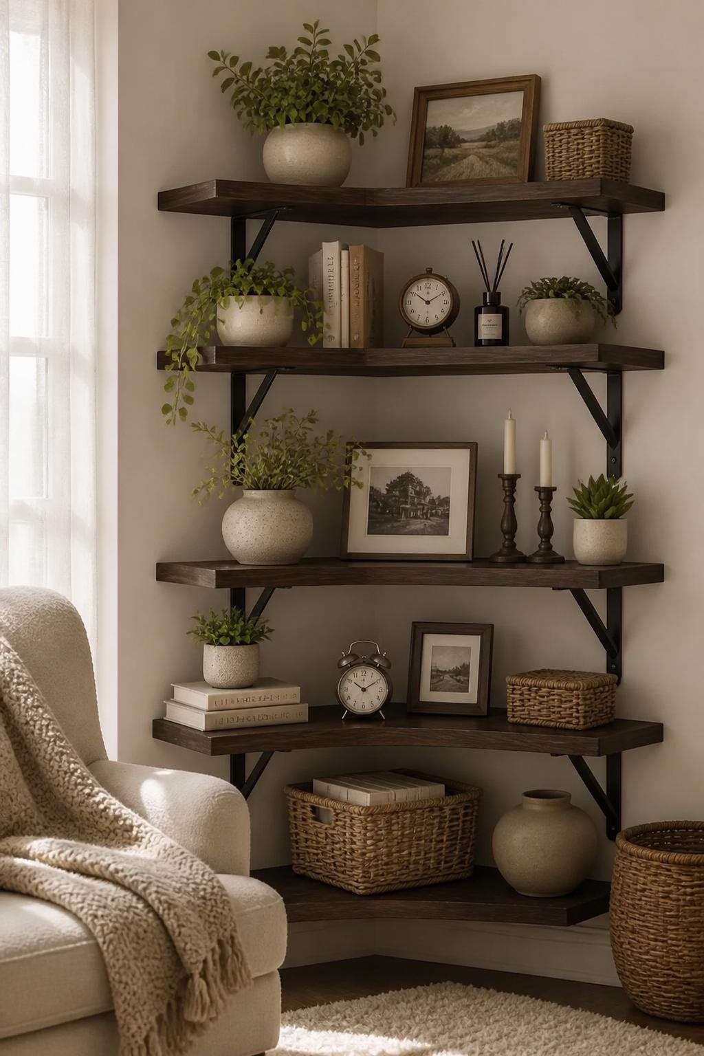 A farmhouse-inspired corner shelving display features thick, rustic wood shelves with black metal brackets, filled with greenery, vintage cl.