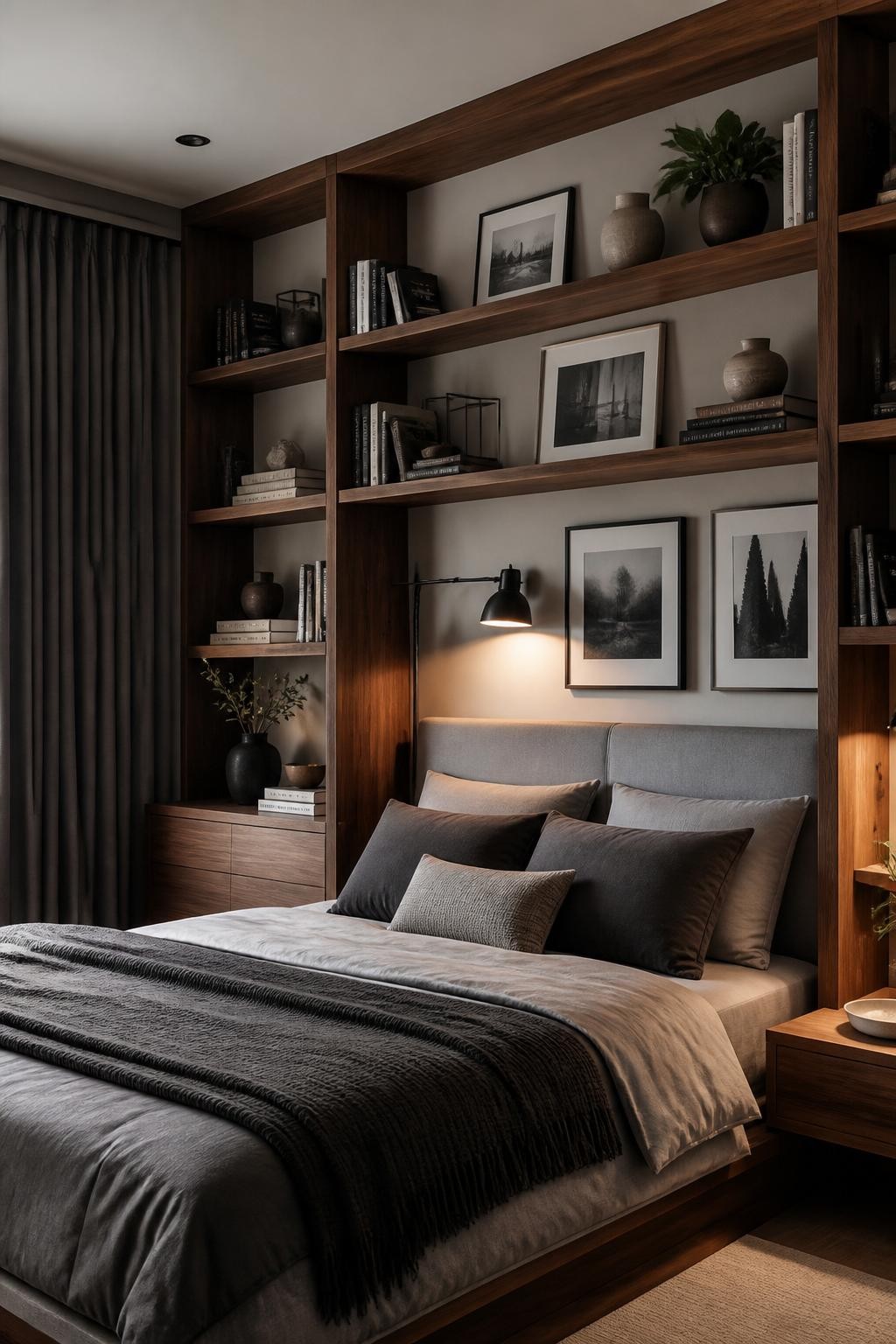 Contemporary bedroom enveloped by custom walnut floating shelves running above and around the bed's headboard.
