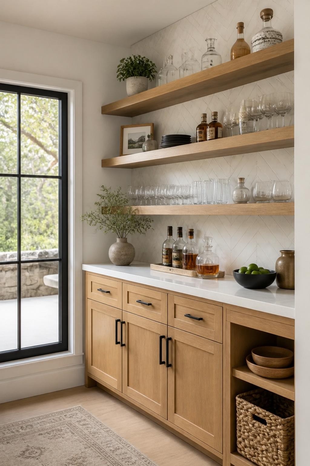Step into a warm modern dry bar featuring thick wood floating shelves set against a subtle chevron marble tile backsplash.