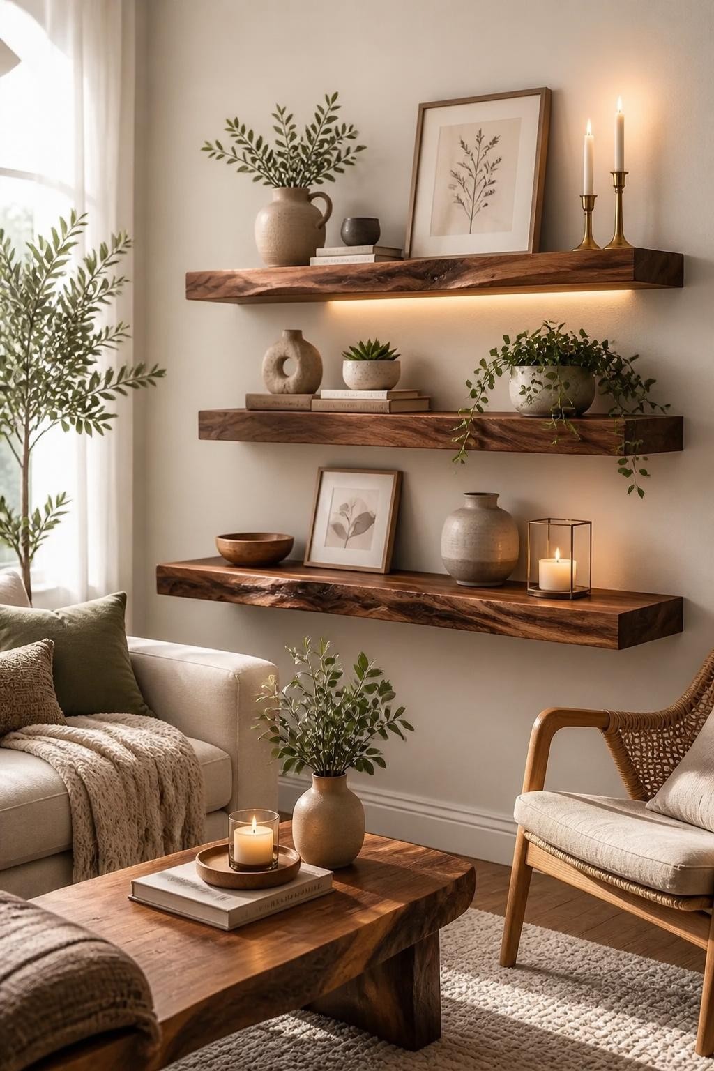 This modern living room showcases three thick walnut floating shelves mounted in a staggered arrangement on a light neutral wall.