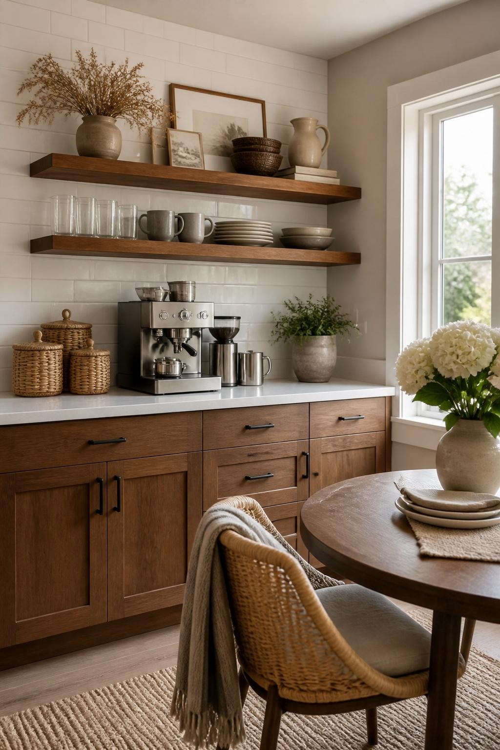 A serene, nature-filled breakfast nook seamlessly blends warm wooden cabinets with soft white countertops and woven rattan chairs.