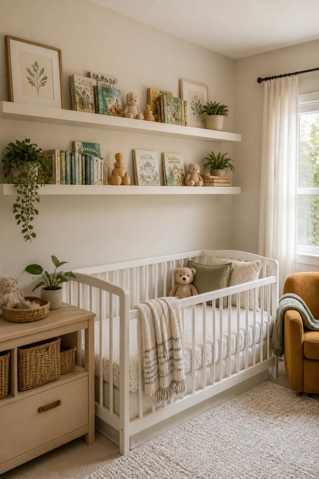 A warm, neutral-toned nursery featuring two wide floating shelves with seamless edges, positioned above a crisp white crib with cozy bedding.