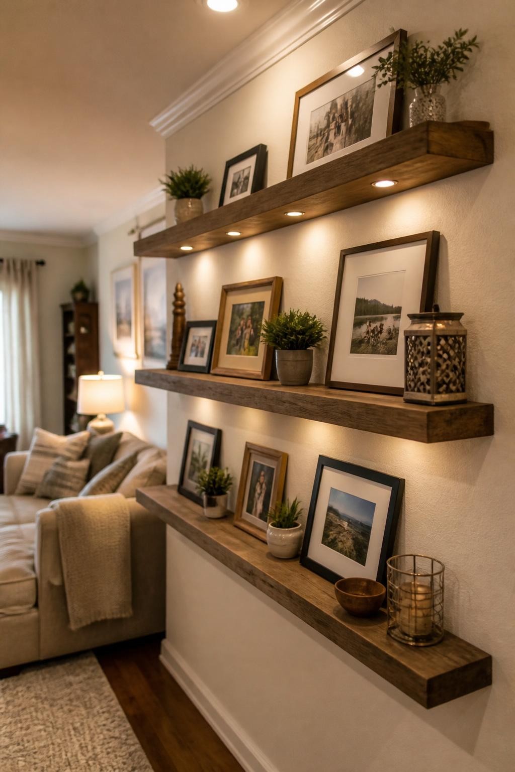 A warm rustic living room wall boasts chunky wood floating shelves dramatically illuminated by recessed spotlights, creating a perfect galle.