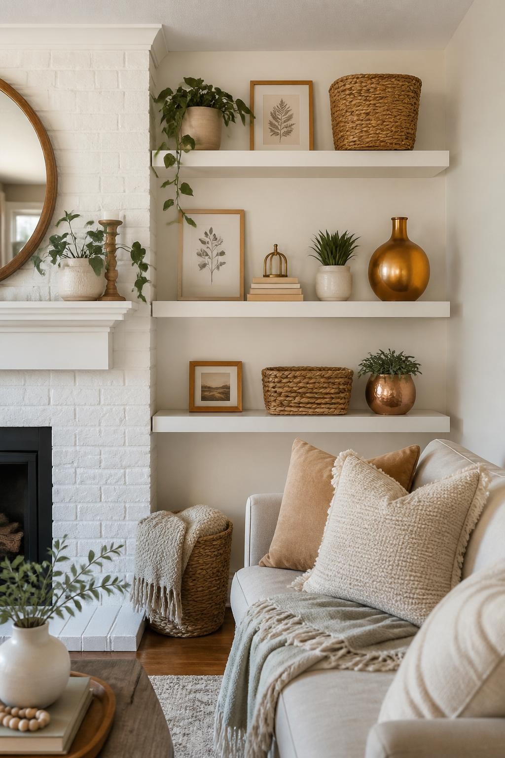 Warm, inviting living room with three floating white shelves styled above a cozy neutral sofa and next to a white-painted brick fireplace.