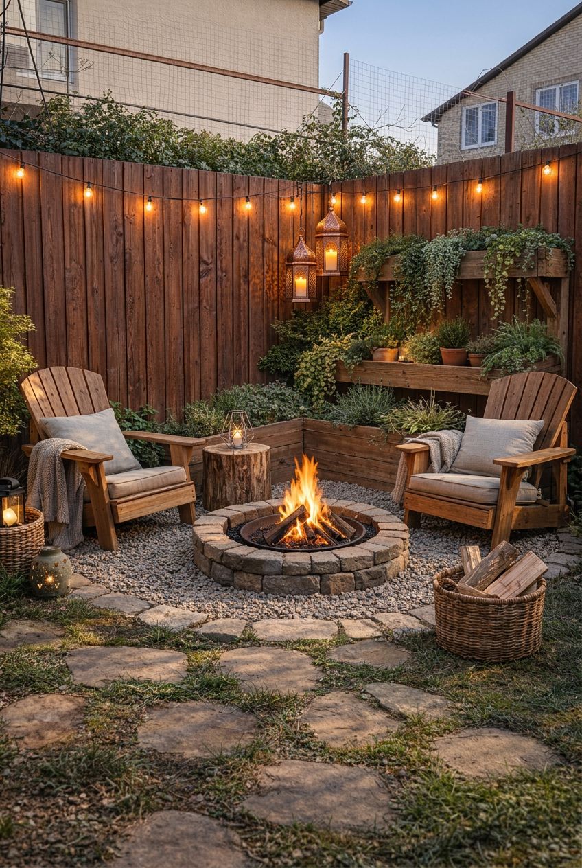 A warm, inviting backyard corner is designed with vertical wood fencing and gravel underfoot, featuring a classic round stone fire pit as th.