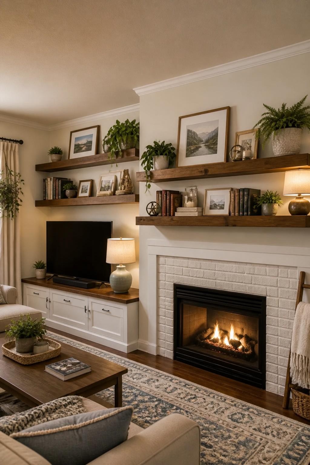 A warm transitional living room featuring a white brick fireplace with a pair of substantial rustic wood floating shelves above and to the s.
