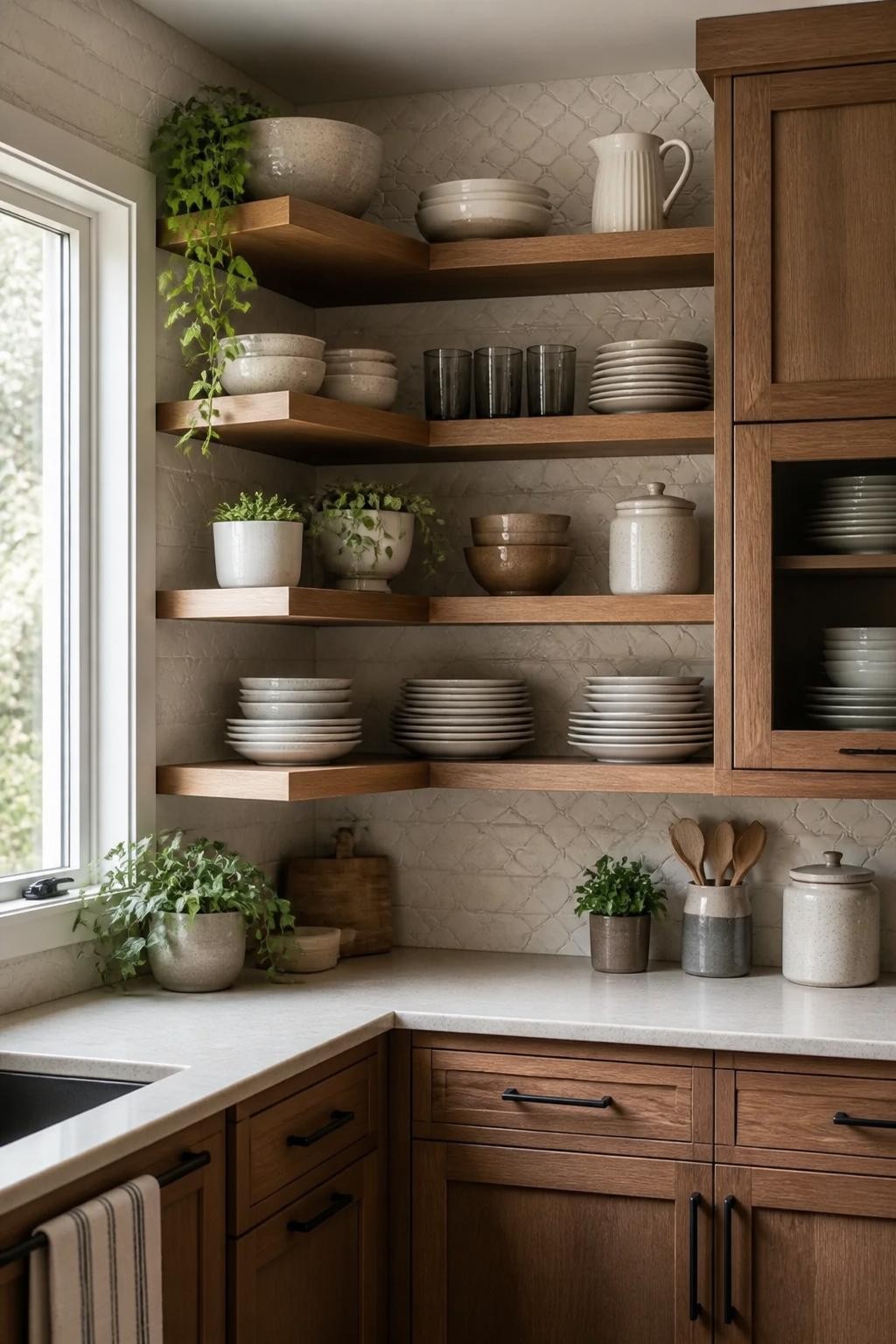 Showcasing a set of wraparound corner floating shelves in rich wood, this transitional kitchen has delicately patterned geometric backsplash.