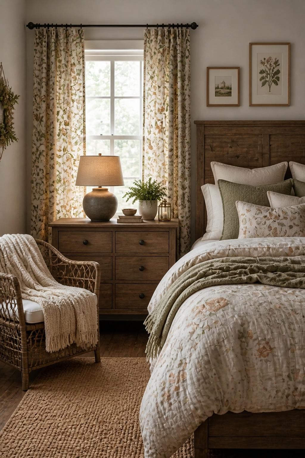 Present a farmhouse bedroom enhanced by sturdy wooden furniture and beautiful floral drapery that frames a large, bright window.
