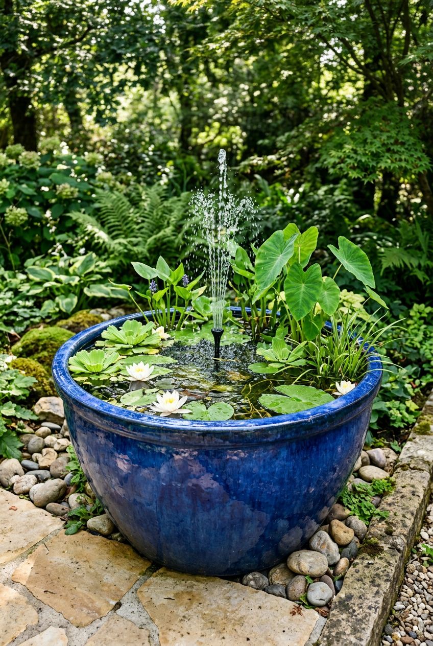 Showcase a massive glazed ceramic planter transformed into a water garden fountain filled entirely with crystal-clear water.