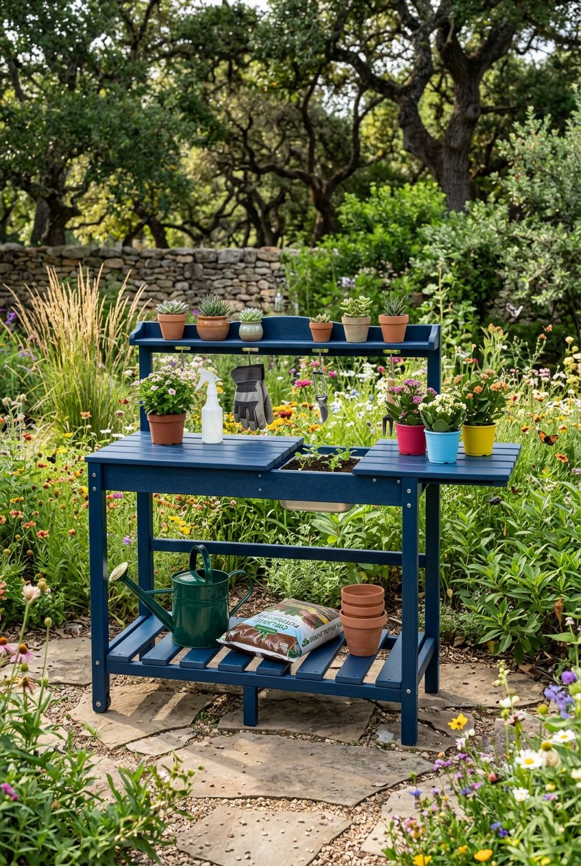 Use the uploaded HDPE Outdoor Potting Bench with Sliding Tabletop & Removable Sink exactly as the reference product, keeping its bold navy b.