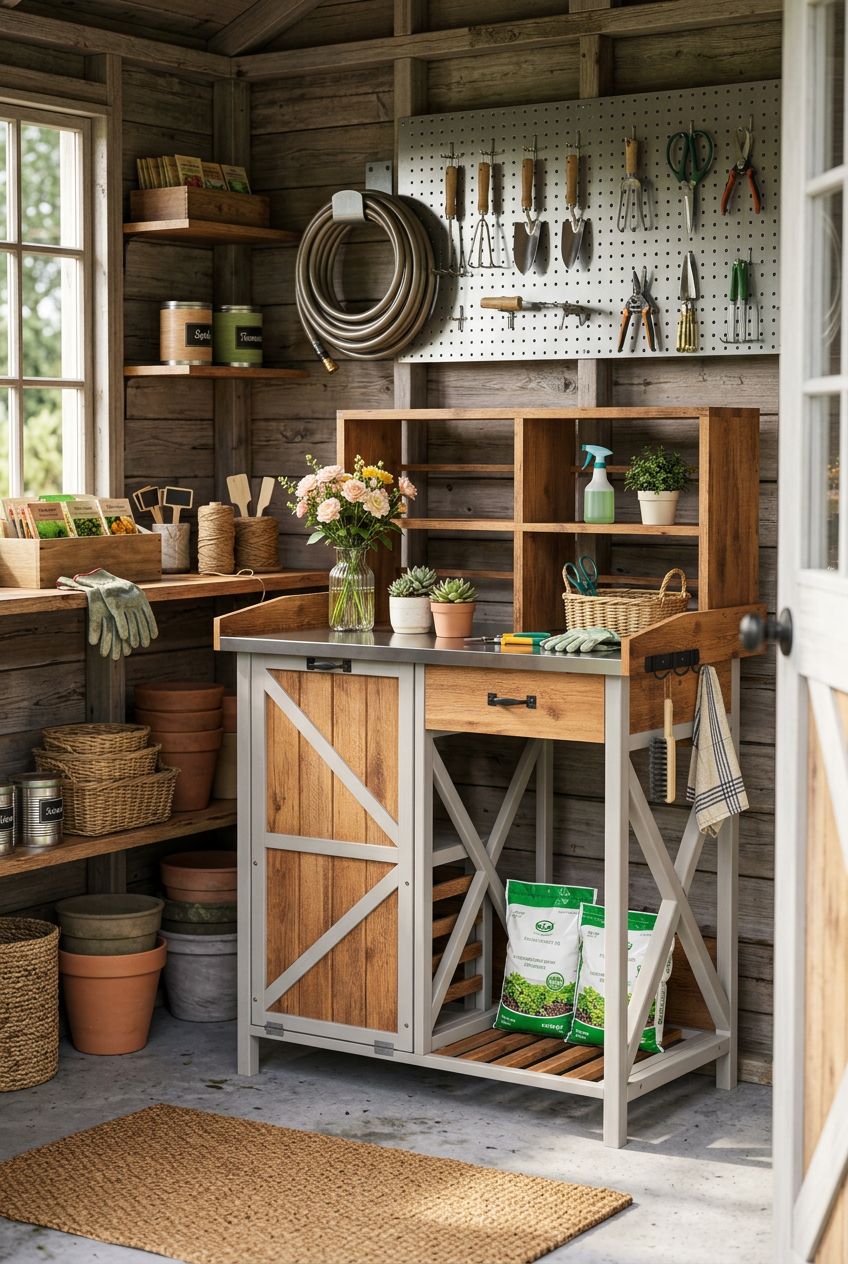 Use the uploaded Outdoor Potting Bench with Storage exactly as the reference product, replicating its farmhouse two-tone finish, sturdy draw.