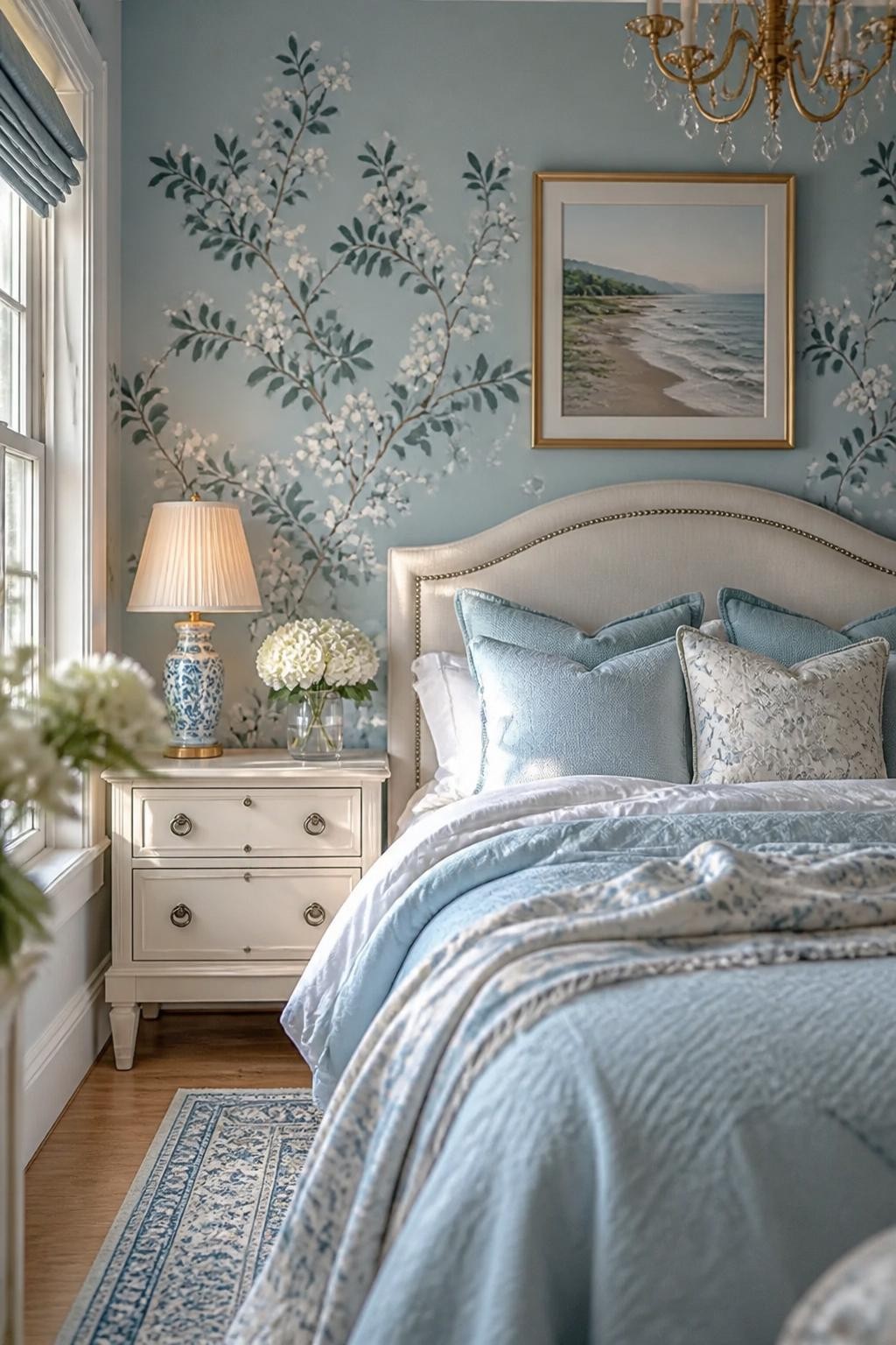 A whimsical bedroom bursting with charm, featuring a light blue background accented with white floral branch wallpaper.